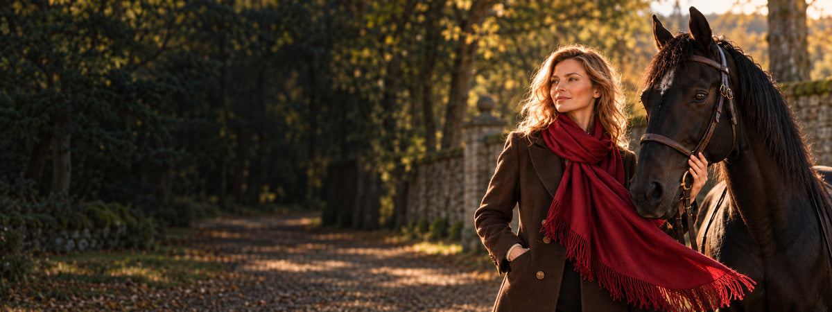 A woman in a brown coat and red scarf stands beside a dark horse on a tree-lined path, with sunlight filtering through the trees in the background.