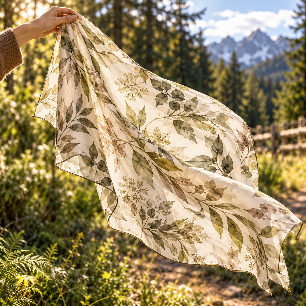 A hand holds a light, floral-patterned scarf outdoors, with sunlight shining through it. Pine trees, a wooden fence, and distant mountains are visible in the background.