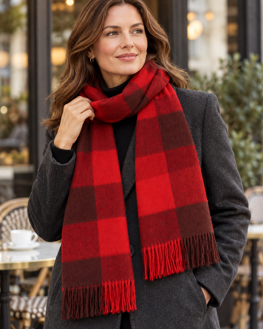Red and burgundy large check scarf in 100% wool – York (5)