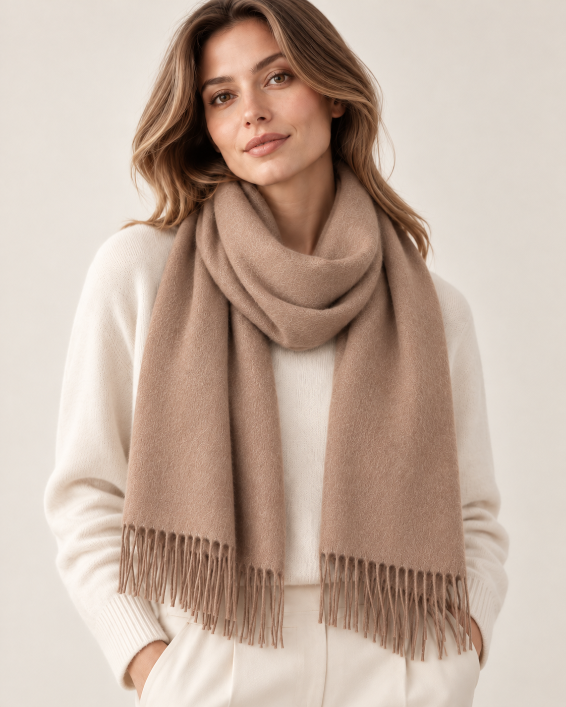 Beige plain cashmere scarf for women Paris (5)