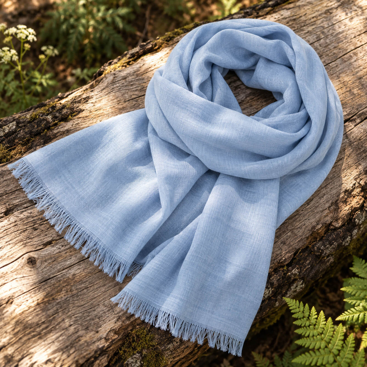 A light blue scarf with fringed edges is neatly arranged on a mossy tree trunk outdoors, surrounded by ferns and greenery in natural sunlight.
